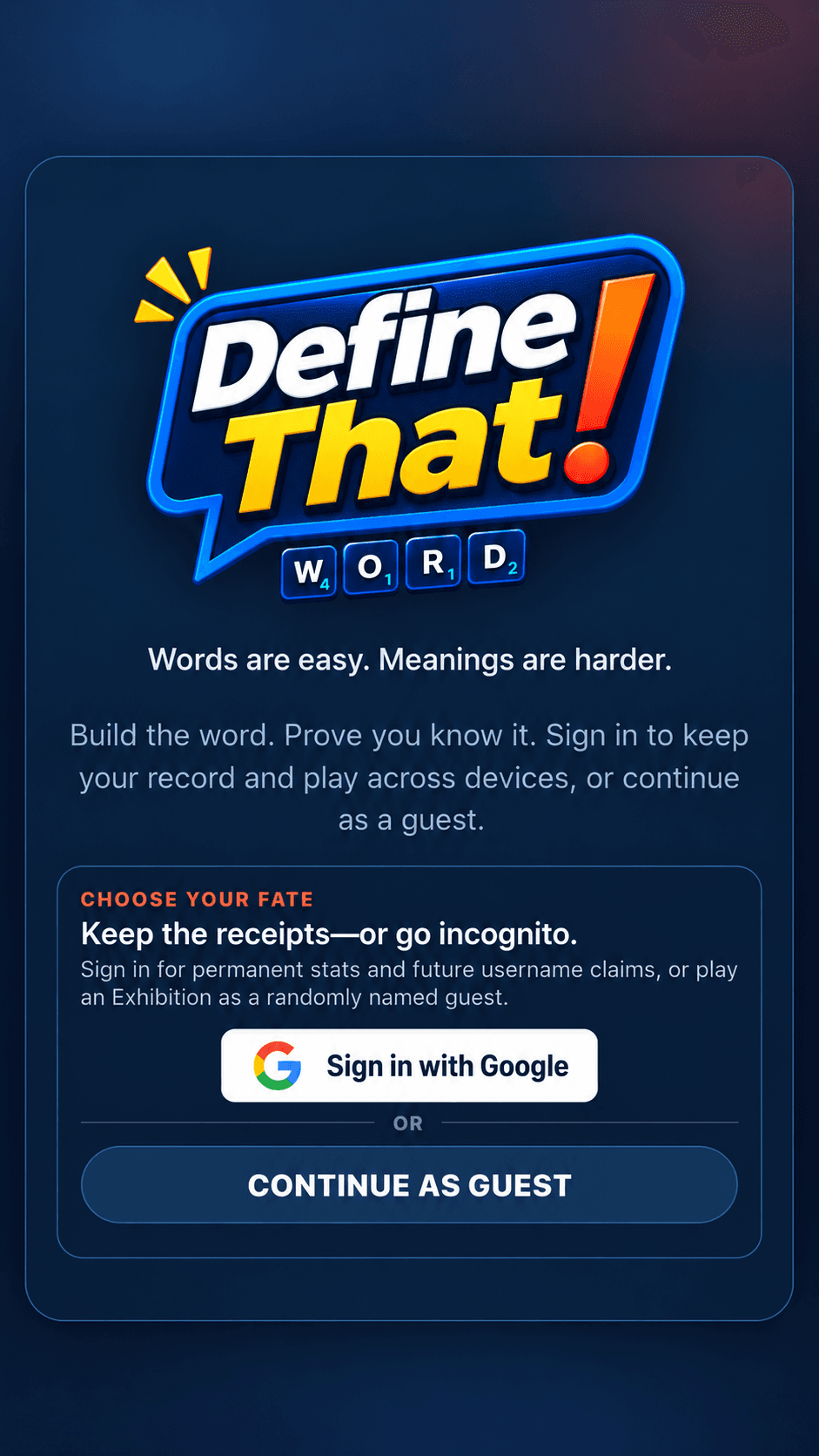 Sign-in screen for Define That! with Google and guest options