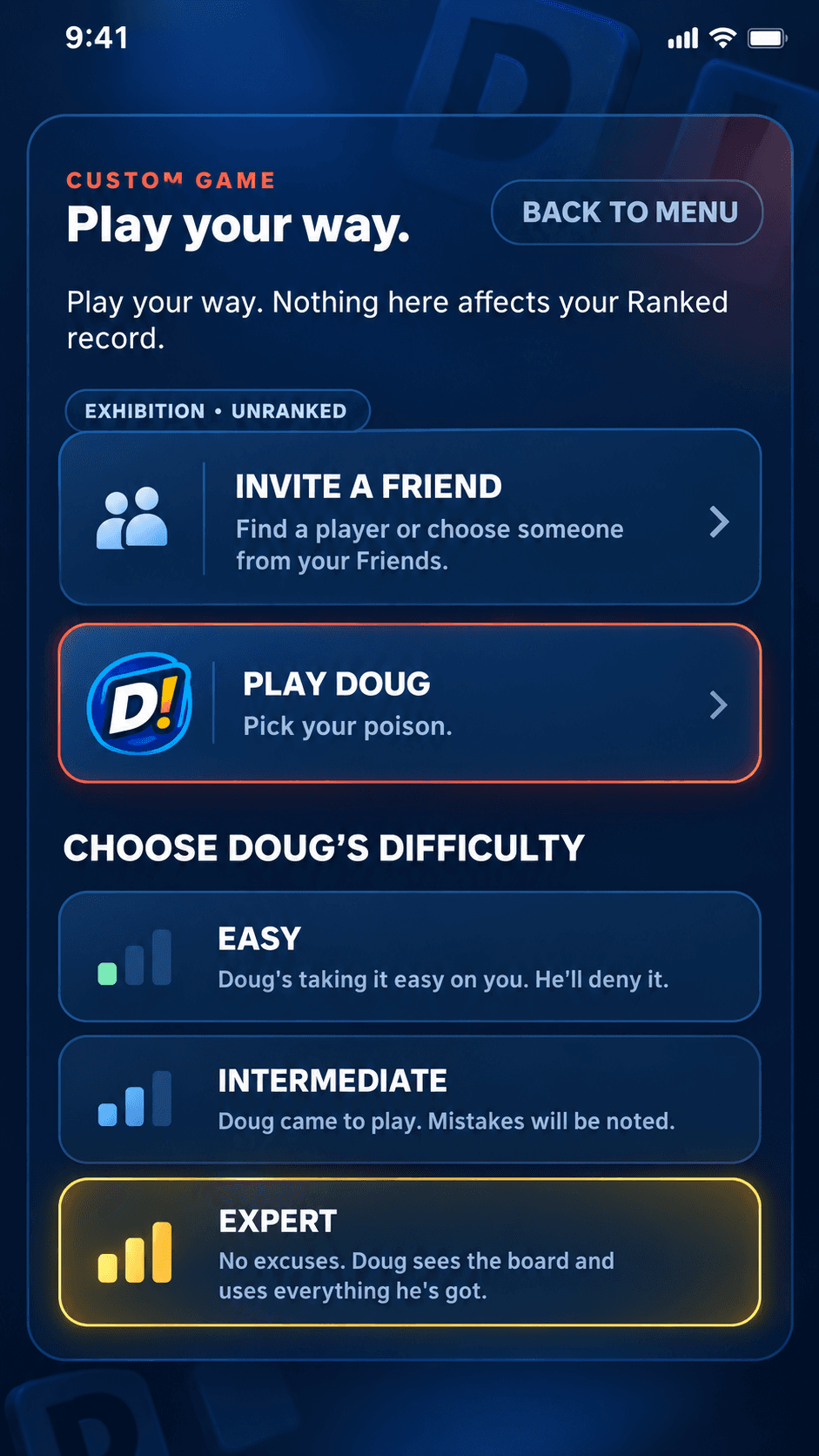 Custom game setup screen for Define That! with Doug difficulty options