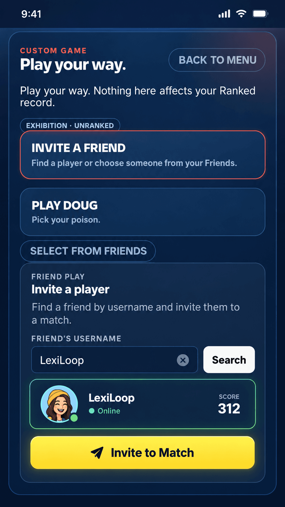 Invite friend screen for Define That! with username search and match invite