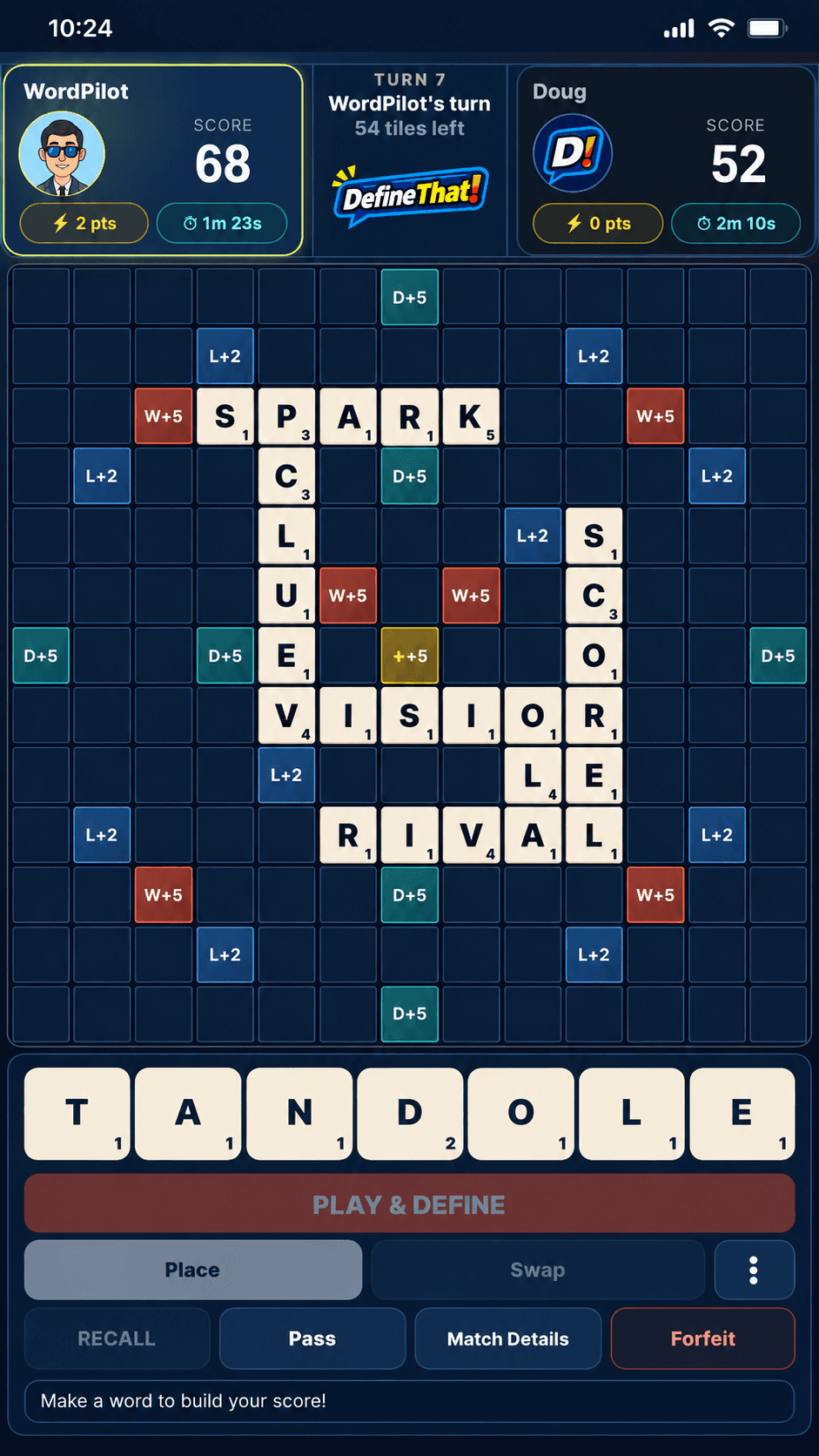 Gameplay board in Define That! with WordPilot at 68 points and Doug at 52