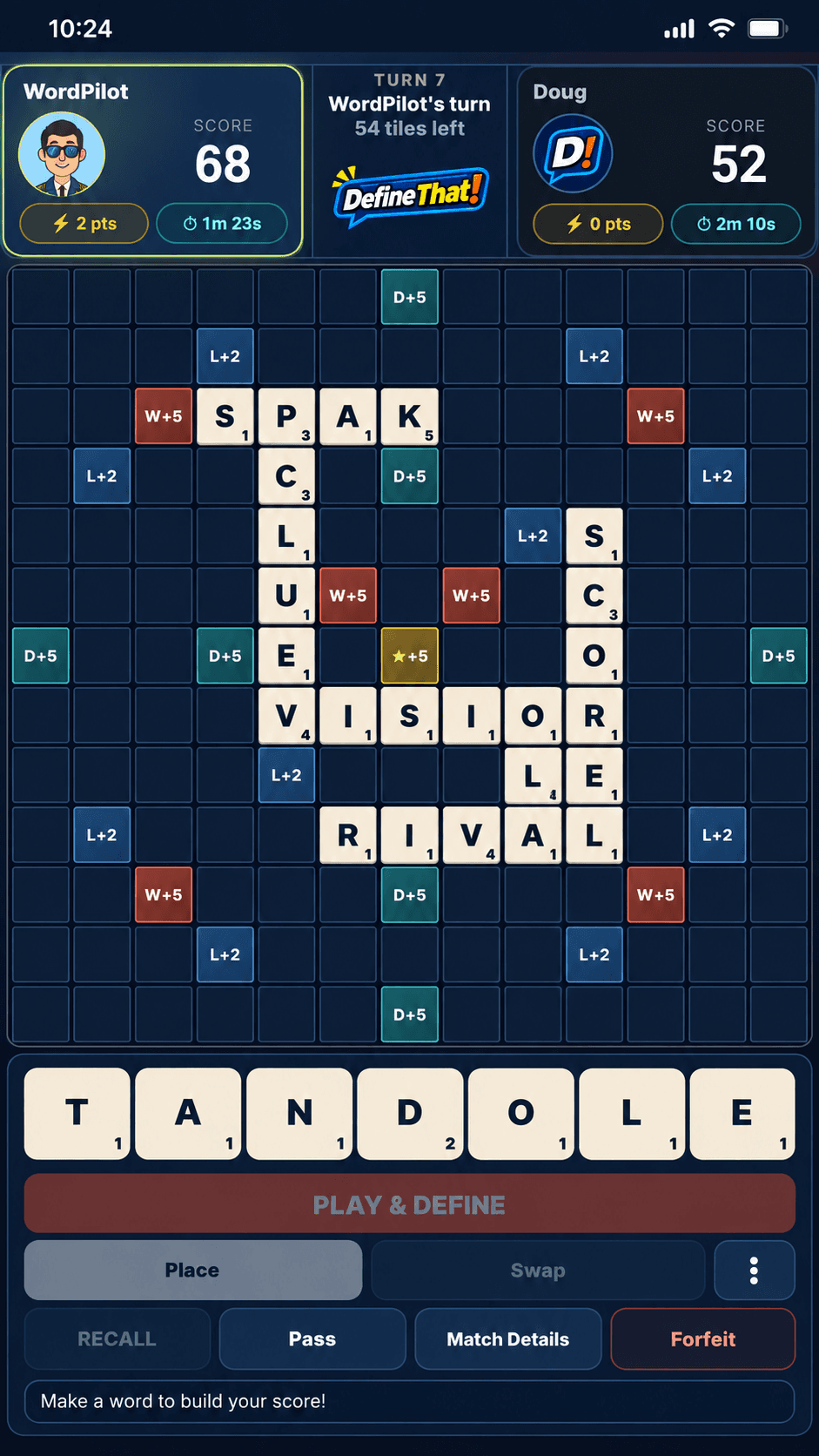 Mid-game board state in Define That! with placed words and a rack of letters