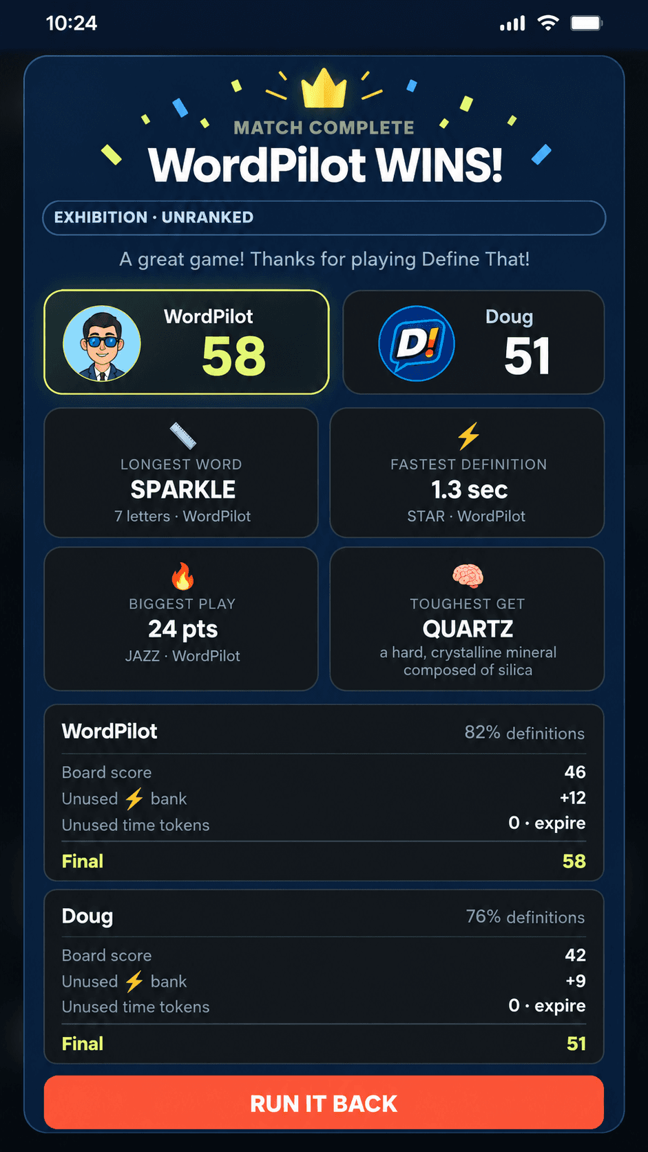 Match complete summary screen for Define That! showing WordPilot wins and match highlights